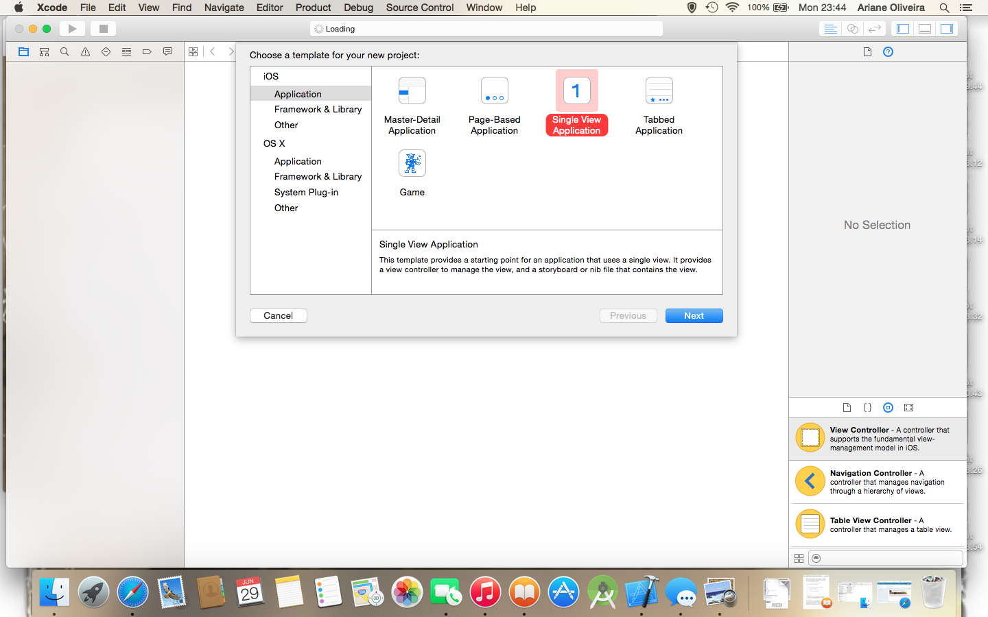 Xcode application type screen